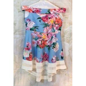 NWT Quiz Mini Dress Blue Pink Floral Cold Shoulder Size 18